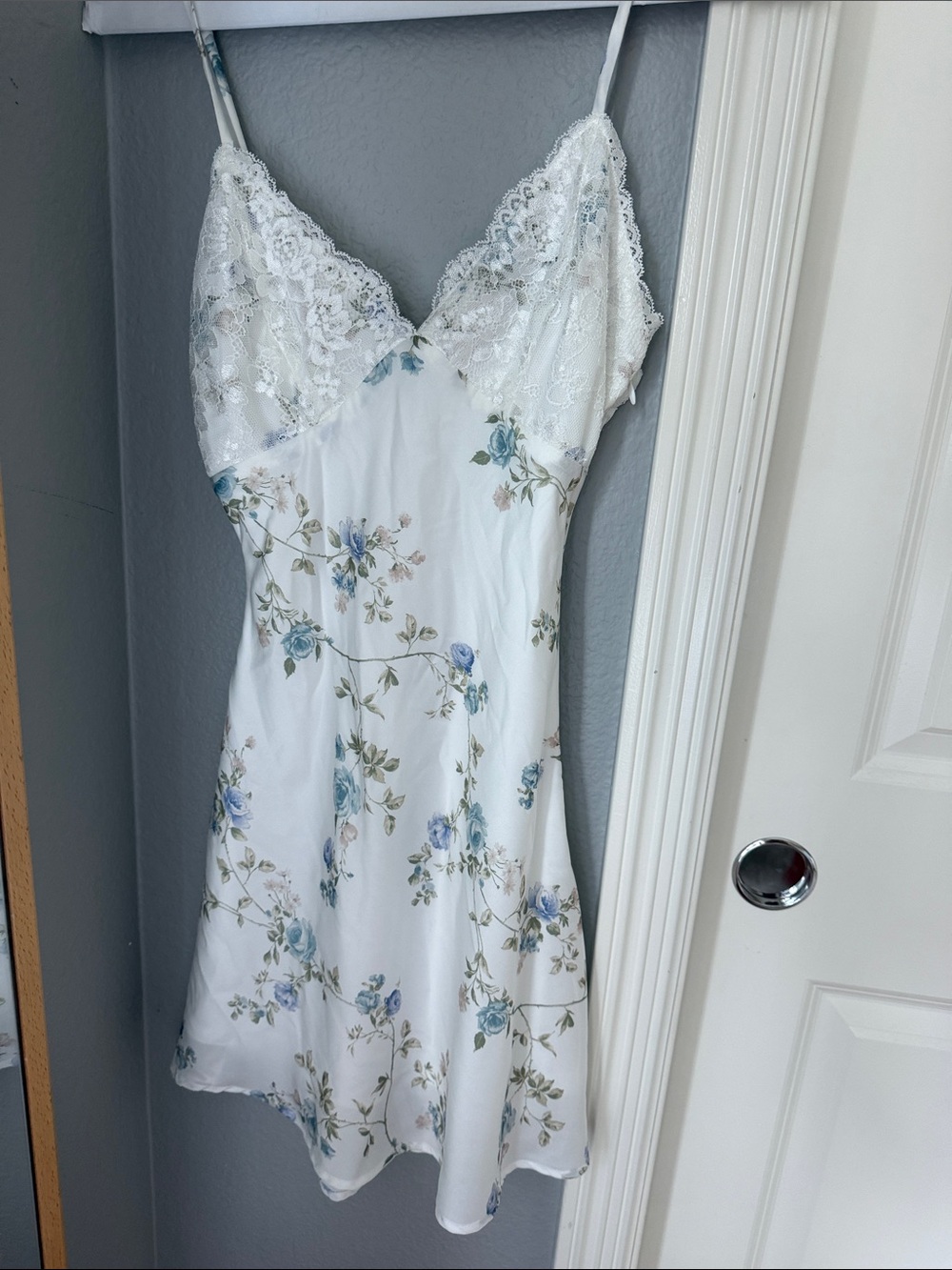 Altar’d State White Floral Lace Trim Slip Dress with Blue Roses